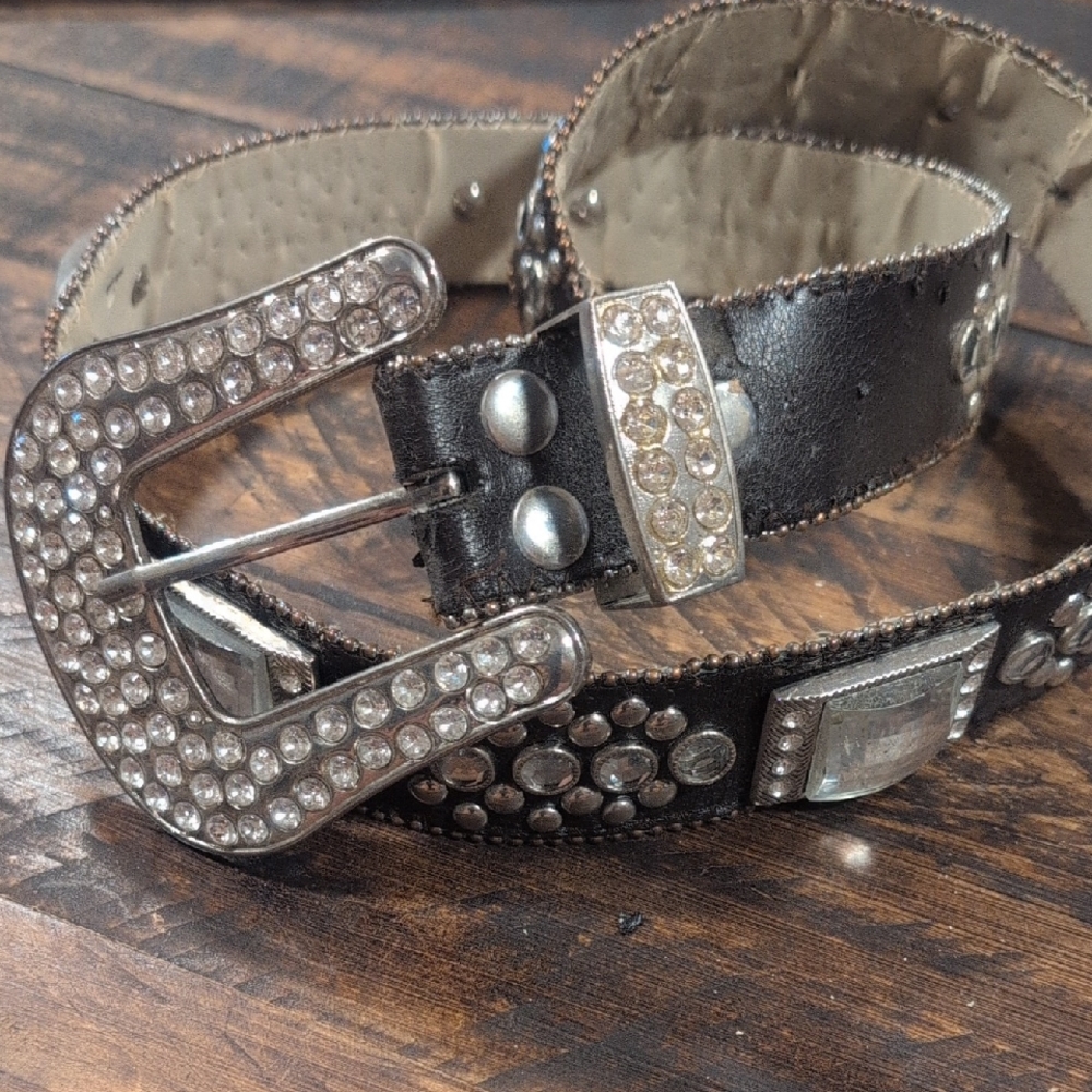 Studded Dark Brown Leather Belt with Rhinestone Buckle